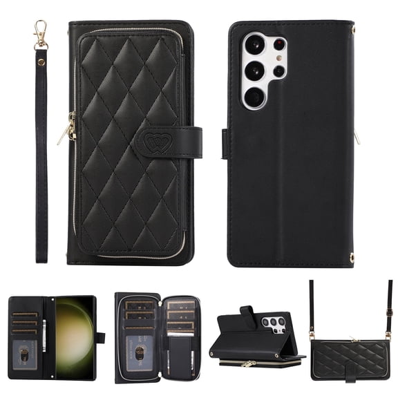 Allytechgroup for Samsung Galaxy S24 Ultra Wallet Case, Premium PU Leather Magnetic Buckle Zipper Pocket Card Slots Flip Stand Protective Cover with Hand Strap & Shoulder Strap - Black