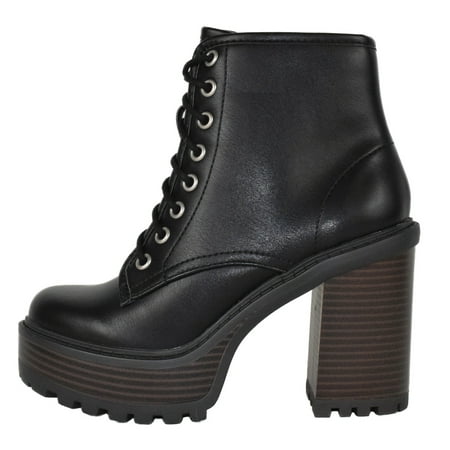 

Soda Women Chunky Thick High Heels Combat Lug Sole Ankle Boots Platform Lace Up Booties Side Zipper Volume-S Black / Brown Sole 10