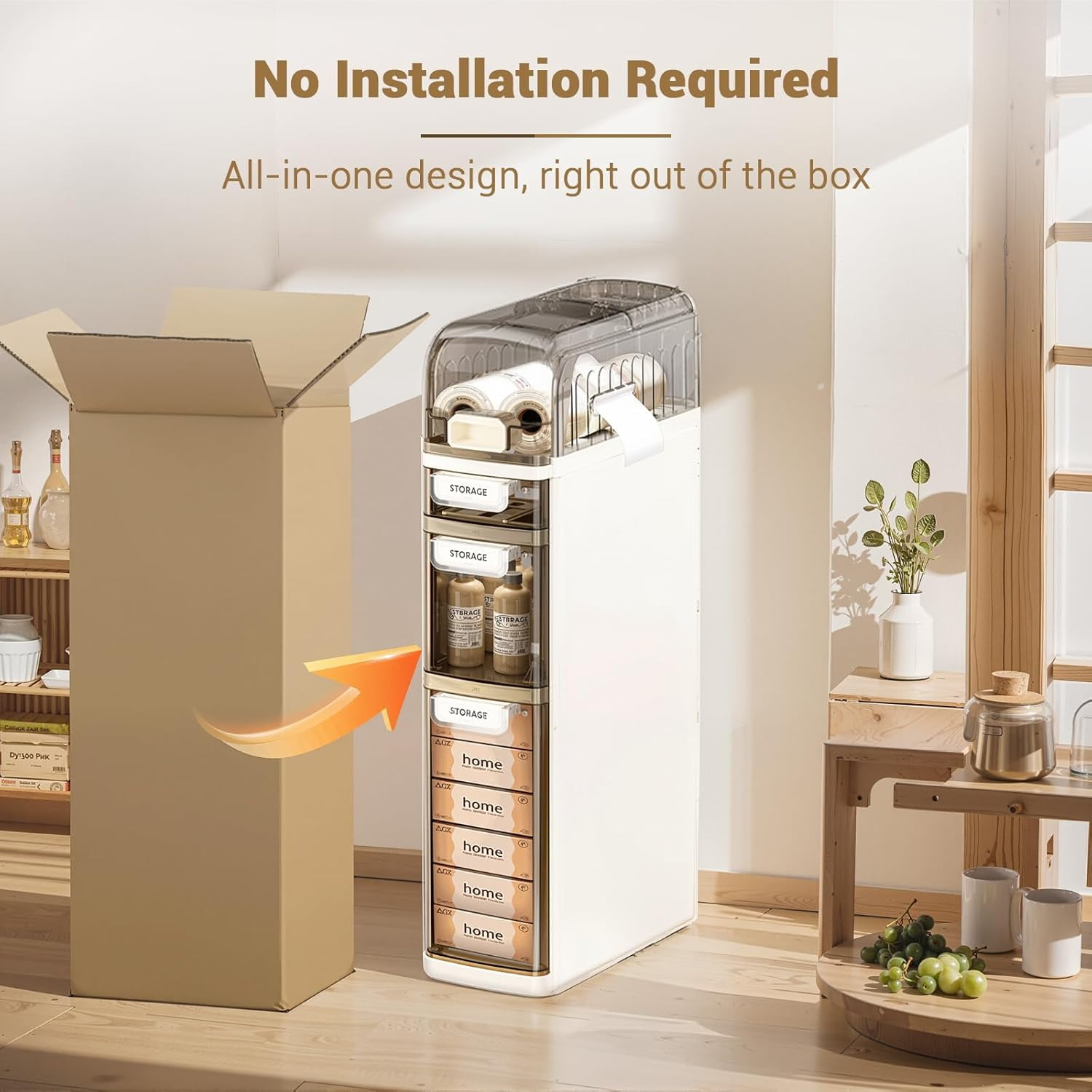 Homhougo 4-Tiers Slim Bathroom Storage Cabinet, Narrow Storage Waterproof Skinny Bathroom Cabinet with Wheels and Toilet Paper Holder for Small Spaces, Bathroom, Kitchen