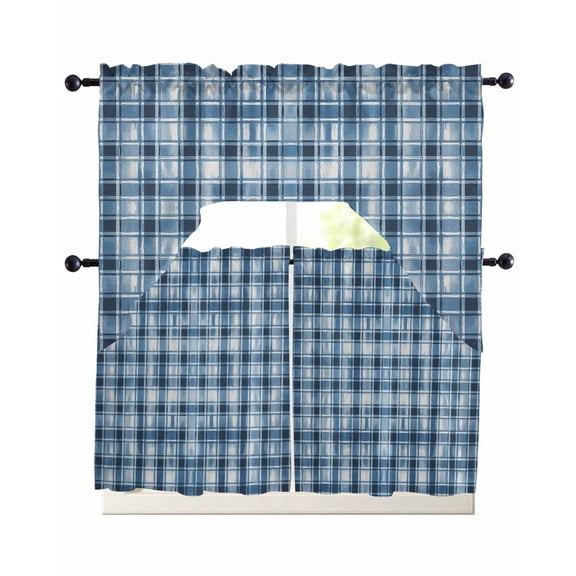Blue Plaid Swag Curtains for Living Room/Bedroom Windows, Modern Simple Watercolor Buffalo Lattice Kitchen Curtains and Valances Set 36 Inch Length, Light Filtering Swags Valance Curtain Panels