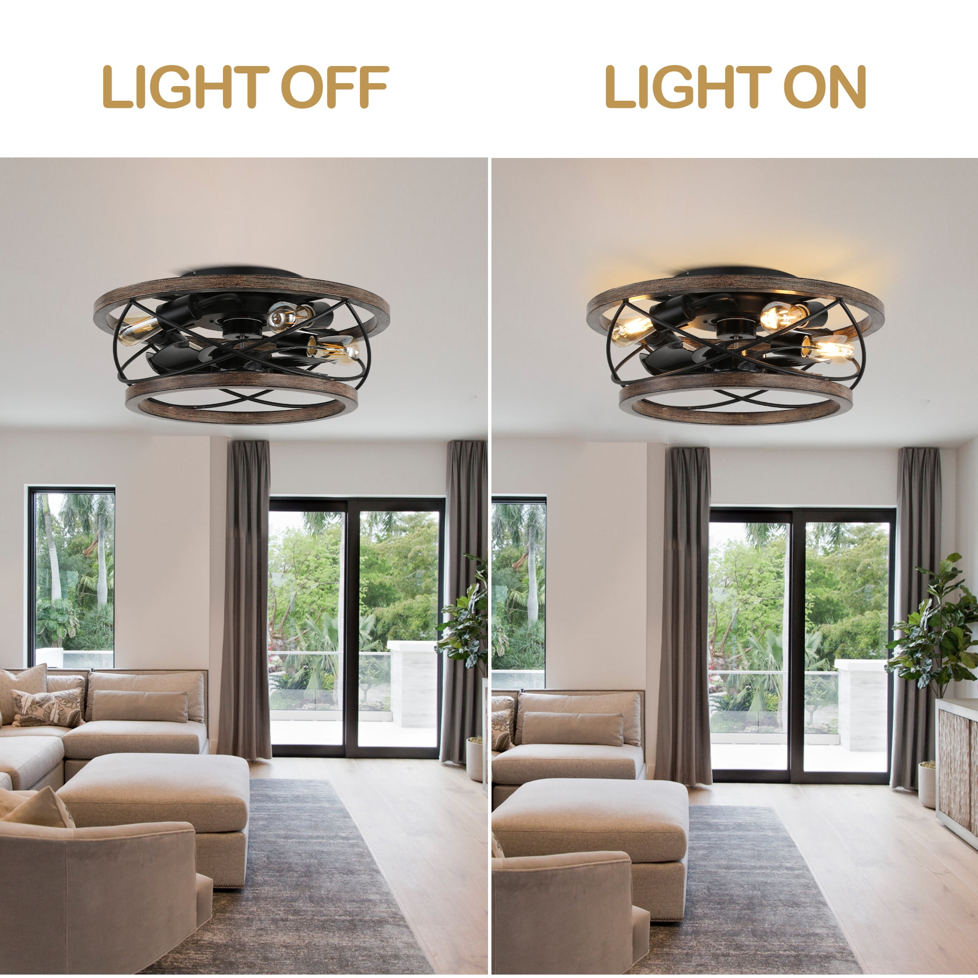 18" Rustic Wood Caged Ceiling Fan with Light and Remote Control, Farmhouse 3-Speed Reversible Flush Mount Ceiling Fan