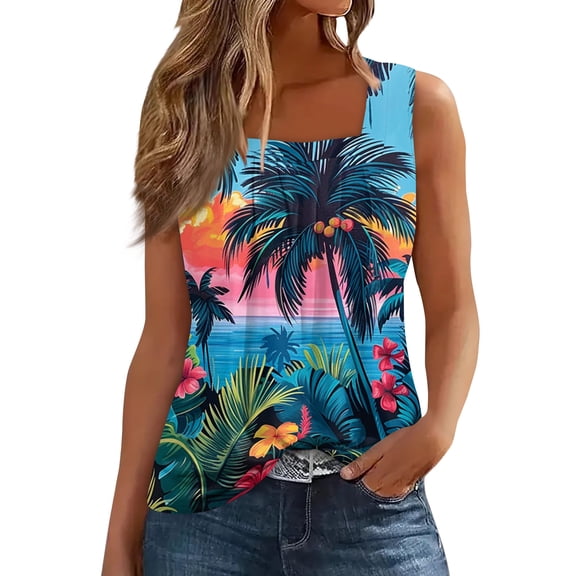 Bbyeadc Tank Tops for Women Hawaiian Tropical Print Sleeveless Tank Loose Shirt Casual Spring Summer Everyday Wear,Blue (L)