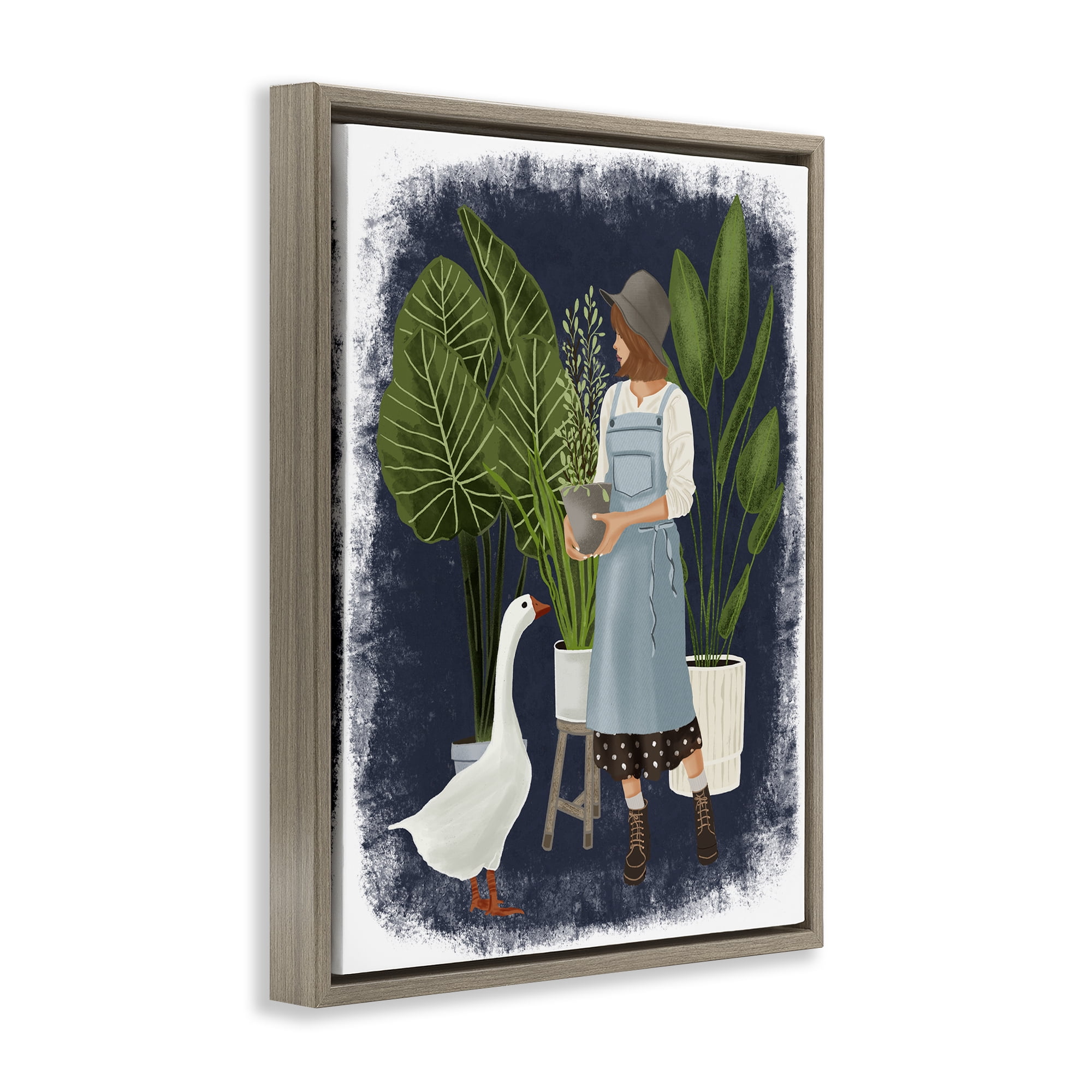 Stupell Industries Gardner Girl with Goose People Painting Brown Floater Framed Canvas Art Print Wall Art, 17 x 21
