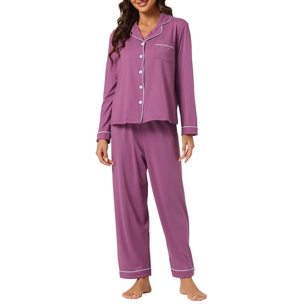 INSPIRAR CHIC Pijamas de Mujer Modal de Manga Larga con Botones y Pantalones Conjunto de Ropa de Casa XL Púrpura