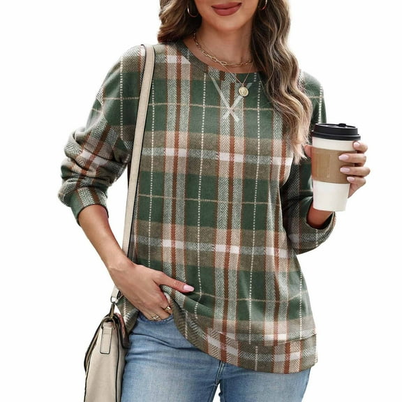Felirenzacia Women's Plaid Shirt, Round Neck Long Sleeve Casual Loose Hoodless Sweatshirt, 2025 Fall Pullover Top