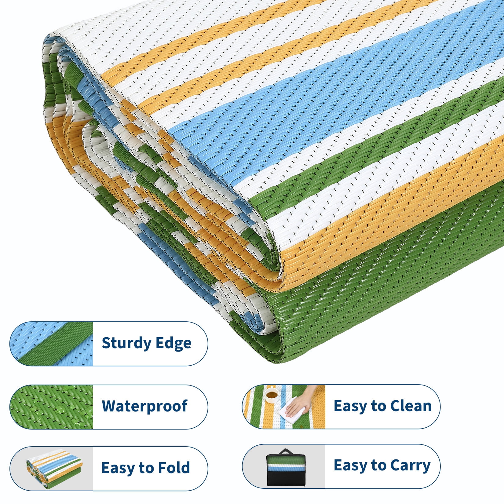HIWEAVER 9' x 12' Blue Outdoor Rug PP Plastic Straw Woven Waterproof Patio Rug with Border Portable Outside Carpet for Balcony Deck Picnic Garden Decor
