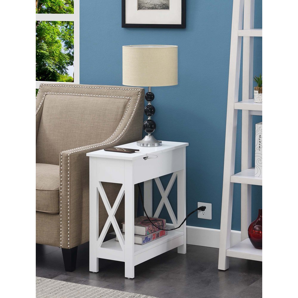 Convenience Concepts Oxford Flip Top End Table with Charging Station, White