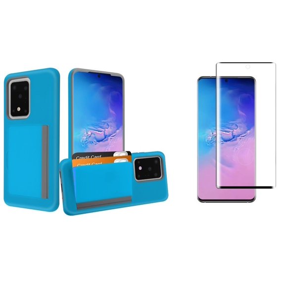 Bemz [Pocket Series] Samsung Galaxy S20, 6.2 inch Phone Wallet Case: Slim Dual Layer Hybrid 3 Card Hidden Storage Compartment Holder Cover with Tempered Glass Screen Protector and Atom Wipe - Sky Blue