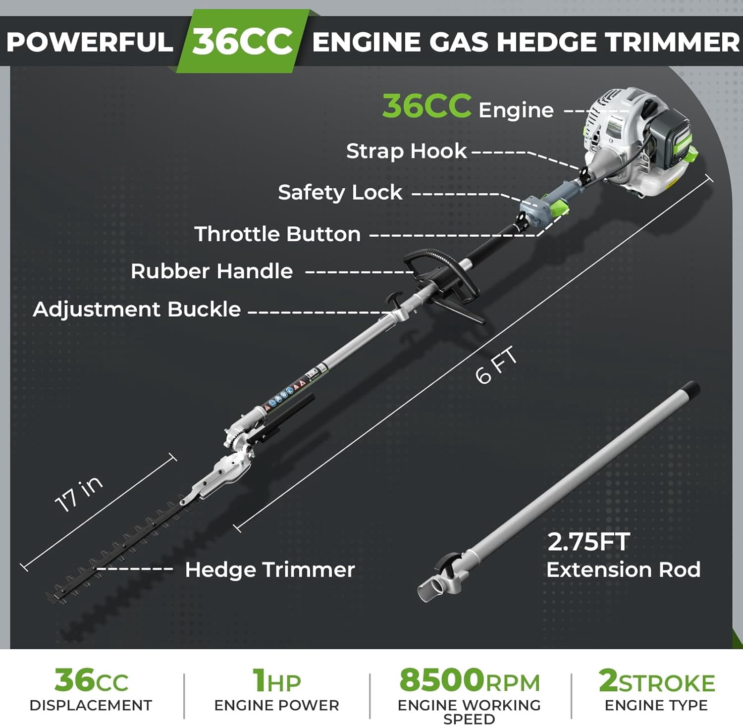 EAYSG Gas Hedge Trimmer 2 Cycle with Extension Pole, 17-inch 36cc Gas Powered Pole Hedge Trimmer with Dual Sided Dual Action Blade, Great for Trimming Shrubs, Bushes