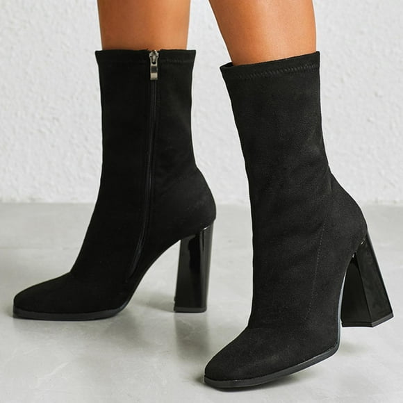 HKEJIAOI High Heel Boots Women's Suede Side Zipper Square Toe Block Heel High Heel Stretch Boots
