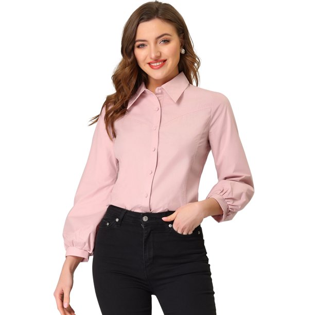 Camisa de Oficina Allegra K con cuello Abotonado y mangas de Obispo para Mujer Rosa L