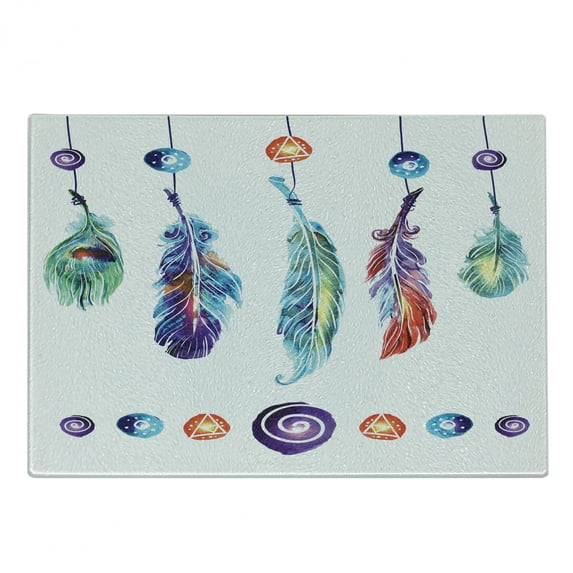 Boho Cutting Board, Several Tribal Feather Group in Psychedelic Hippie Universe Cosmos Harmony Forms, Decorative Tempered Glass Cutting and Serving Board, Small Size, Multicolor, by Ambesonne