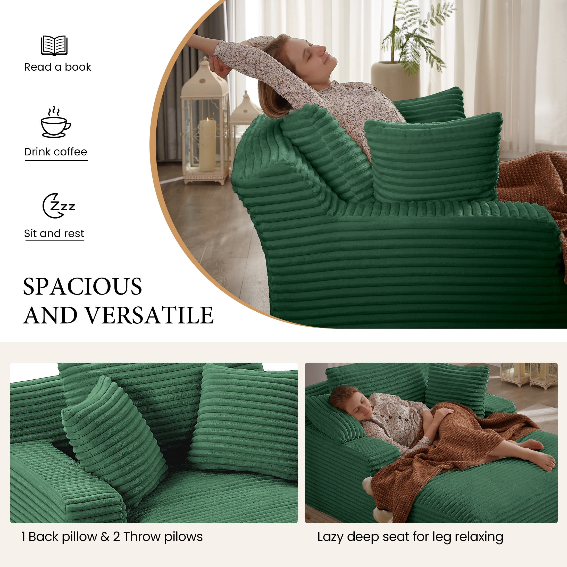 Aukfa 66" Oversized Chaise Lounge Chair, Corduroy Sleeper Sofa with 3 Pillow for Living Room,Green