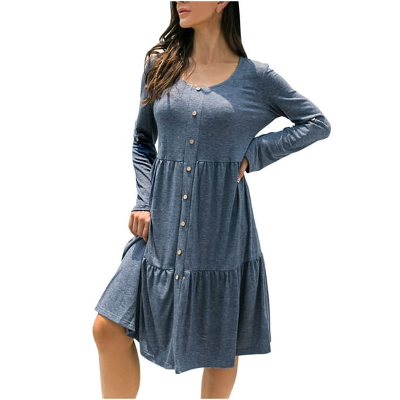 AOOCHASLIY Clarance Dresses for Women 2022Fashion Casual Women's O-Neck Loose Solid Color Sexy Long Sleeve Button Dress