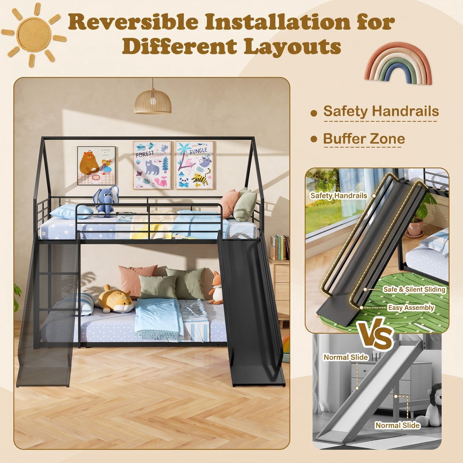 Furnibear House-shaped Twin Over Twin Metal Low Bunk Bed with Slide Ladder and Full-length Guardrails for Kids Rooms, Black