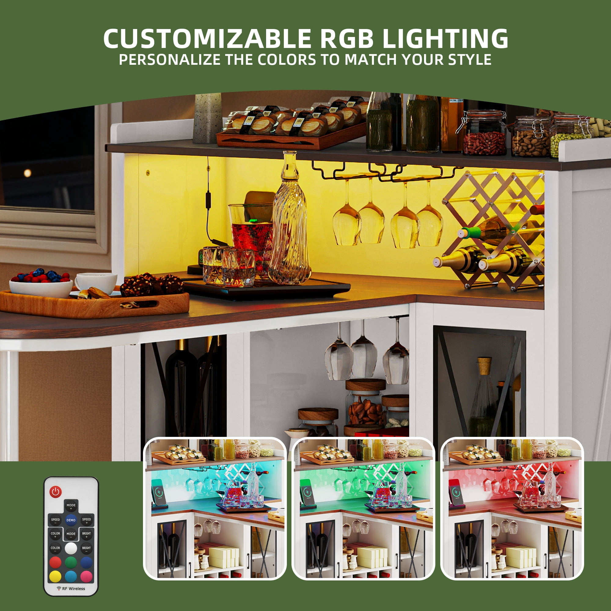 Uforic Wine Cabinet with Power Outlets & LED Lights, Bar Table with Wine Storage & Glass Rack, White