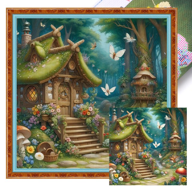 Kit Punto Cruz Con Casa Hilo Algodón Ecológico Bordado 16CT 40x40cm