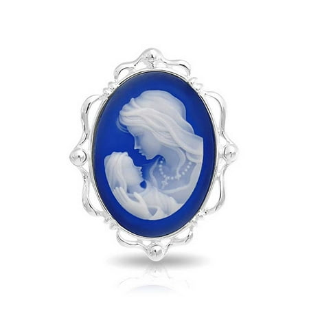 - Victorian Style Mother Loving Child Blue and White Carved Cameo Classic Pin Brooch 925 Sterling Silver For Women