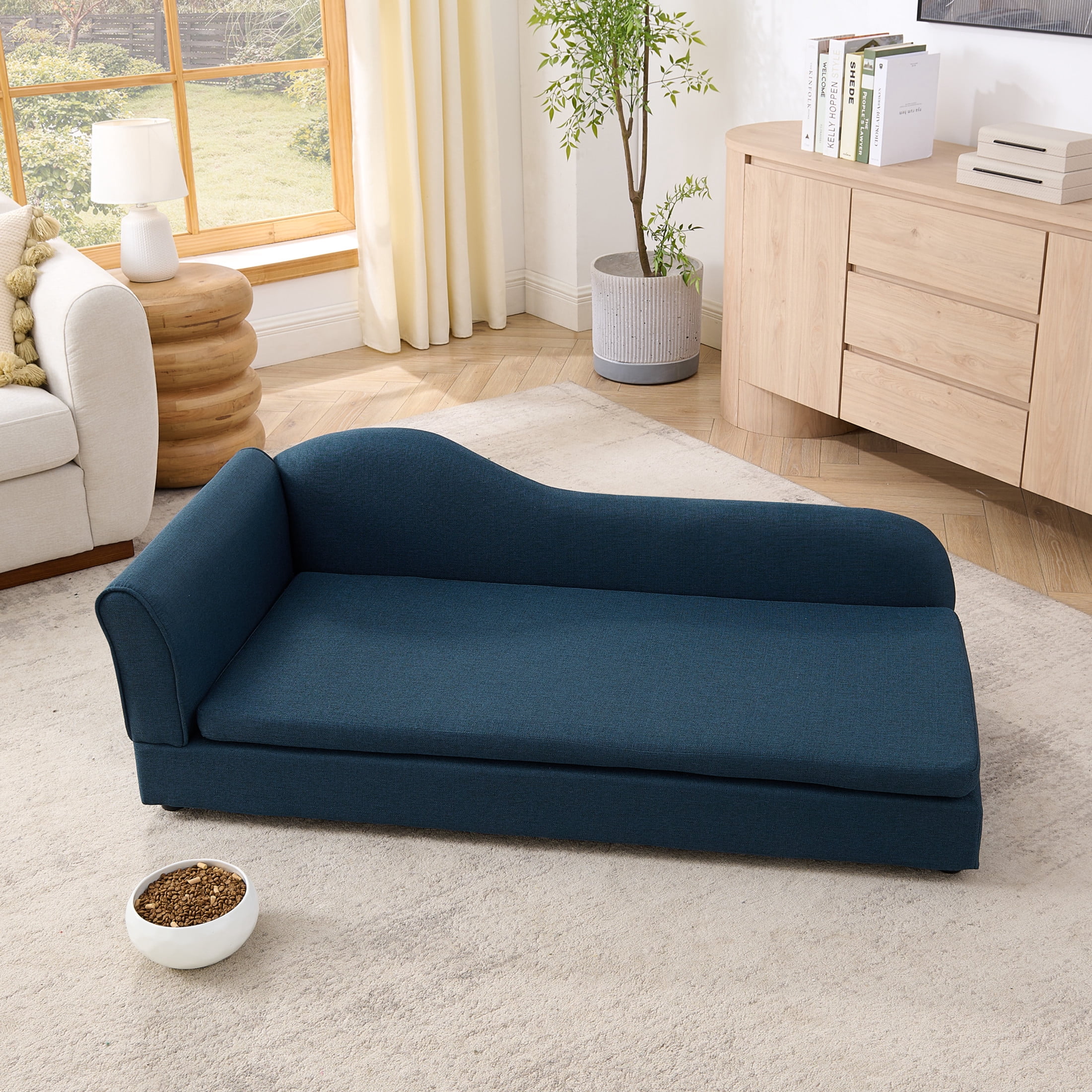 Noble House 55" Linen Upholstered Oversized Pet Sofa, Irregular Wave Backrest Dog Bed with Single Armrest, Dark Blue