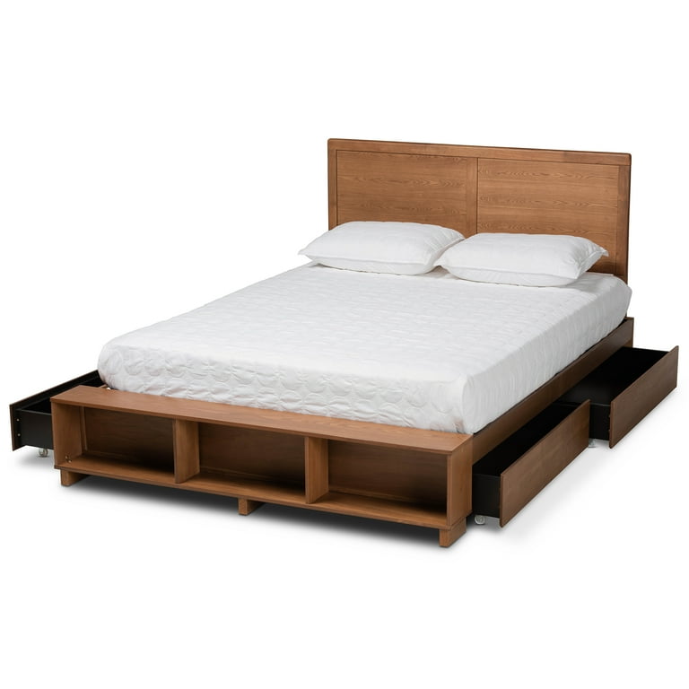 Baxton Studio Tamsin Modern Transitional Ash Walnut Brown Finished Wood Full Size 4-Drawer Platform Storage Bed with Built-In Shelves Baxton Studio Tamsin Modern Transitional Ash Walnut Brown Finished Wood Full Size 4-Drawer Platform Storage Bed with Built-In Shelves