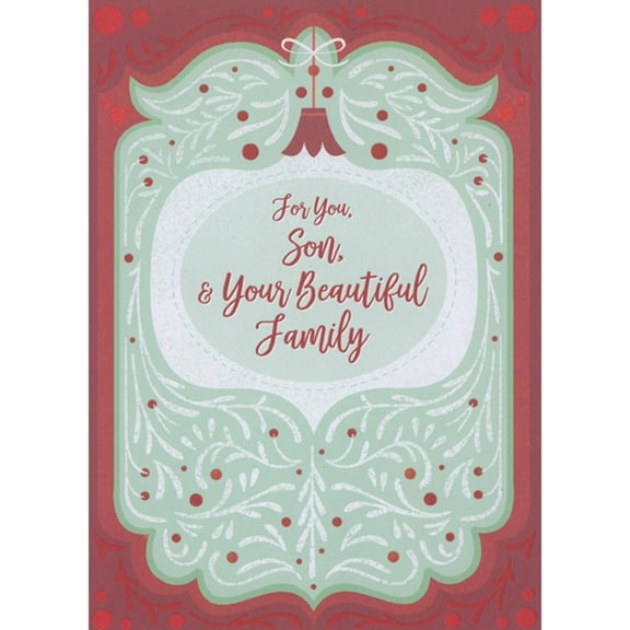 Designer Greetings White Ornament with Red Cap Inside Mint Green with Swirling White Vines Religious Christmas Card for Son and Family