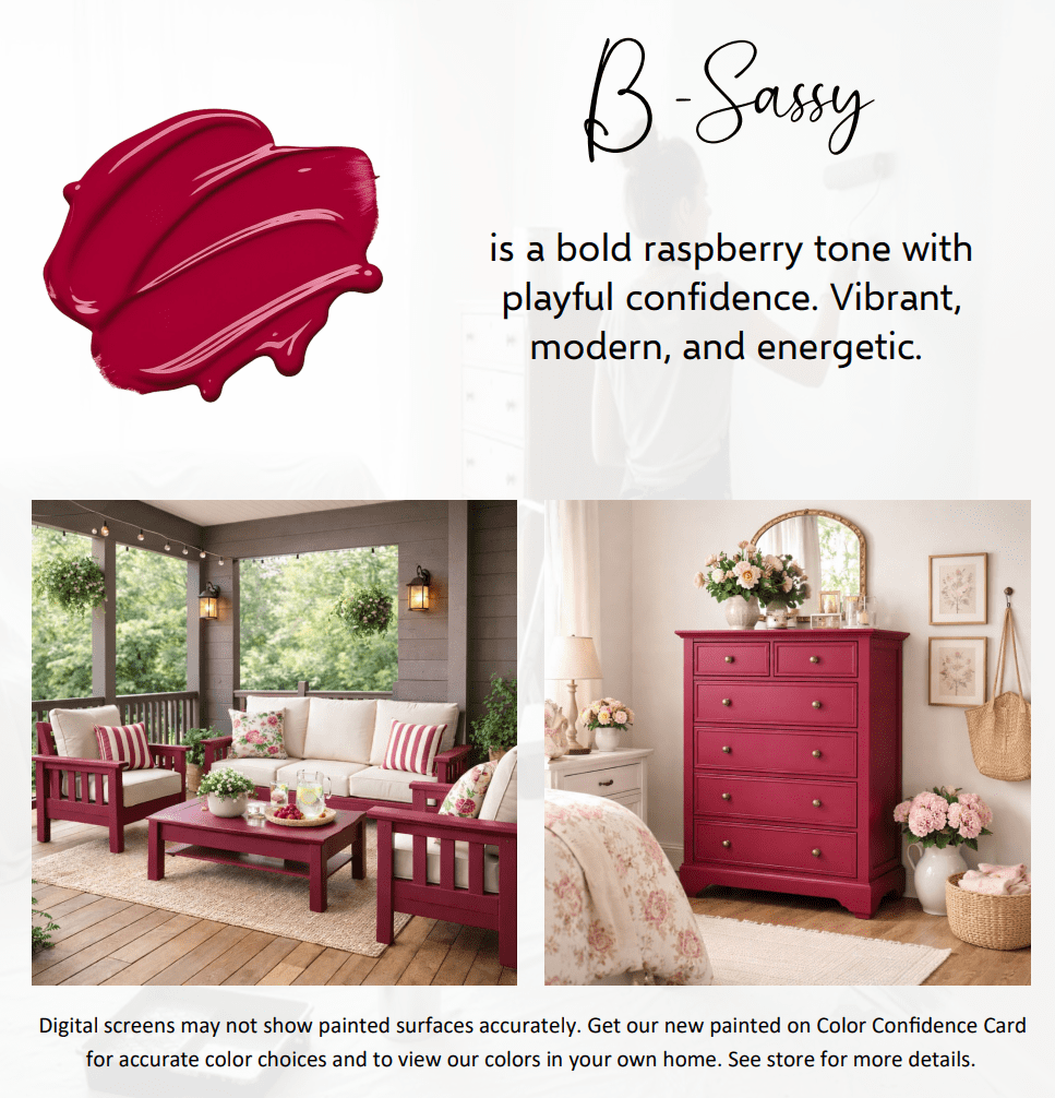 ALL-IN-ONE Paint by Heirloom Traditions, B-Sassy (Rich Raspberry), Quart - Durable cabinet and furniture paint. Built in primer and top coat, no sanding needed. Includes our 30 featured color card.