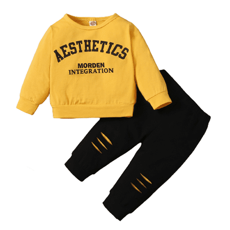

NZRVAWS Clothes For Baby Boys 0 Months Baby Boys Letter Print Shirts 3 Months Baby Boys Ripped Pants 2Pcs Winter Outfits Set Yellow