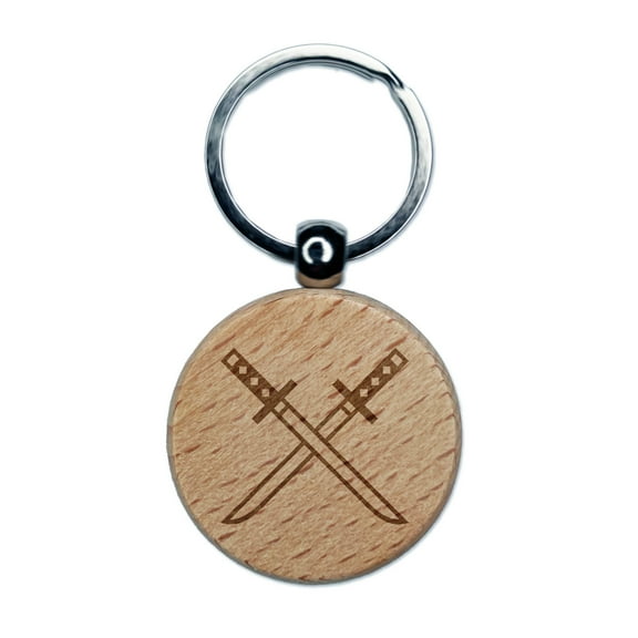 Ninjato Katana Ninja Swords Round Keychain Charm Tag - Engraved Wood