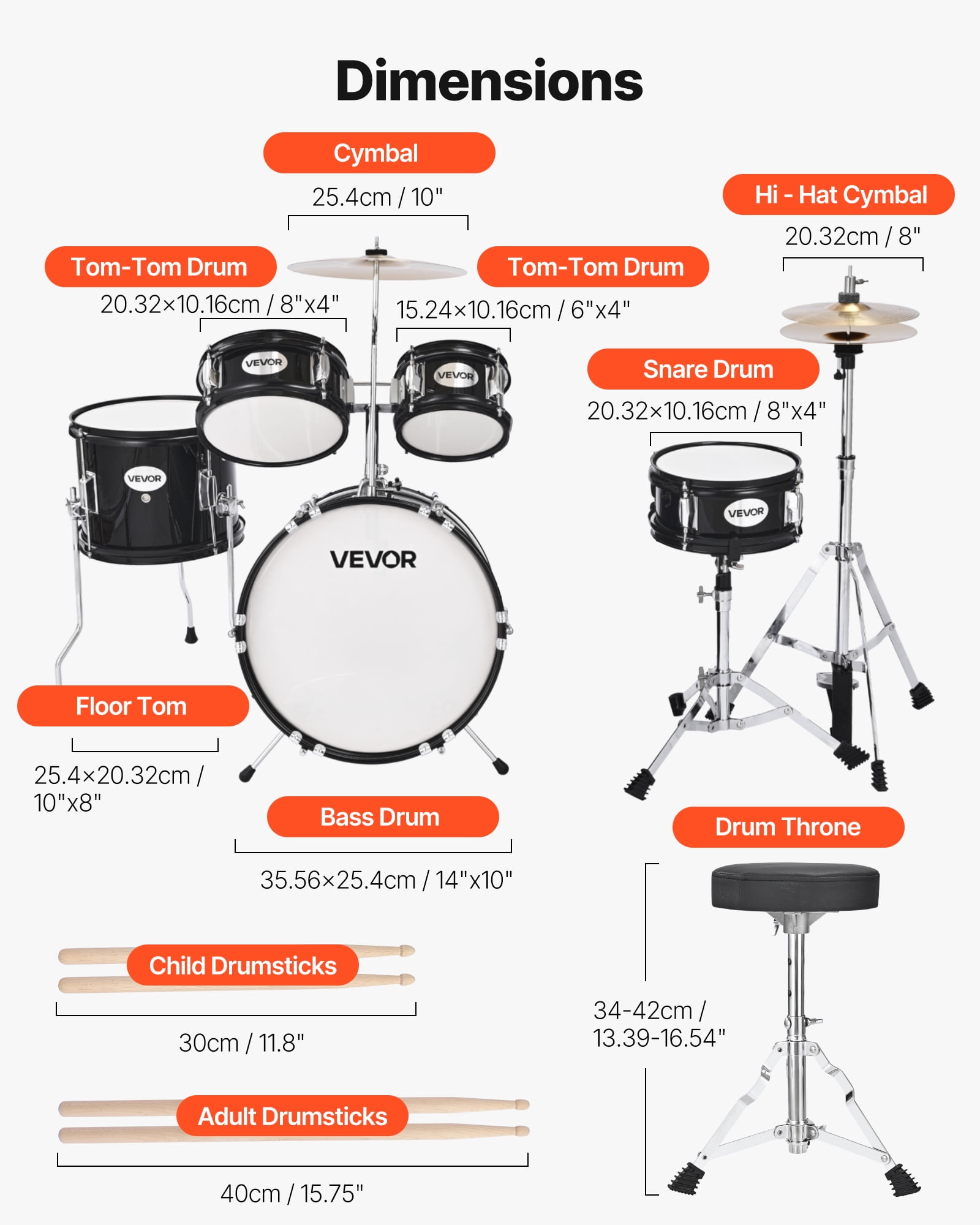 VEVOR Kids Drum Set,5-Piece 14 in Junior Drum Sets, Beginner Drums Set with Adjustable Throne, Cymbal & Two Pairs of Drumsticks, Musical Learning Drums Kit(Black)