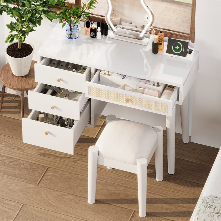 Euroco Rattan-Style Vanity Table with Stool, 4 Drawers, Charging Station & USB Ports Makeup Dressing Table with Elegant Metal Handles, Cotton Linen Cushion & Ample Storage - Walmart.com Euroco Rattan-Style Vanity Table with Stool, 4 Drawers, Charging Station & USB Ports Makeup Dressing Table with Elegant Metal Handles, Cotton Linen Cushion & Ample Storage - Walmart.com