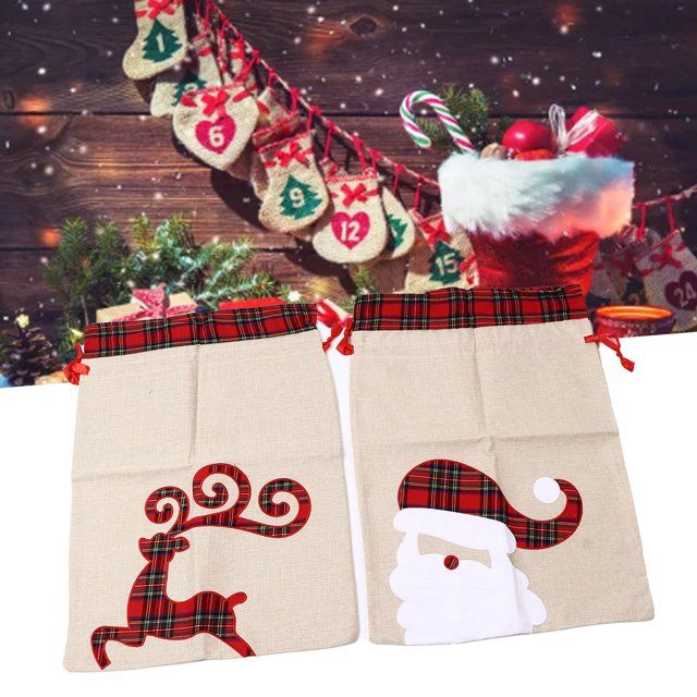 Bolsas de regalo de arpillera 2 uds bolsa bonita de regalos navideños con patrón de alce y Papá Noel ampliamente utilizada con cordón para regalos de fiesta ANGGREK Otros