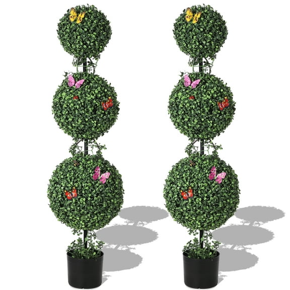 Festisoul 4ft Artificial Triple Ball Topiary Trees, Artificial Plants with Vines & Insects Decoration, Topiary Balls Trees for Home Offices Porch Decor, 2Packs