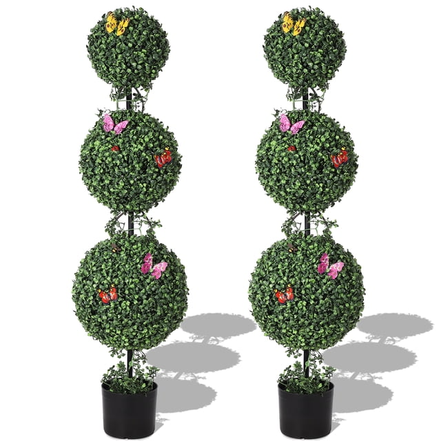 Set of 2 Artificial Triple Ball Topiary Trees,48" Tall Faux Boxwood with Pot,Realistic Faux Greenery, with Vine & Insect Accents, for Indoor Outdoor Home Garden Porch Entryway
