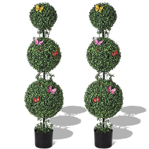 Ensemble de 2 Arbres Topiaires Artificiels à Triple Boule, Faux Buis de 48 Pouces de Hauteur avec Pot, Verdure Artificielle Réaliste, avec Accents de Vigne et d'Insectes, pour Intérieur Extérieur Maison Jardin Porche Entrée