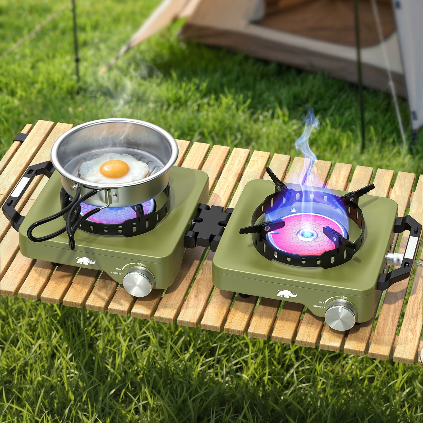 Rhino Valley 2 Propane Burners Camping Stove, 30,000 BTU Folding Camp Stove with Windproof Grates and Frying Pan, Portable Camping Stoves with Carrying Bag, Camping Essentials ,Green