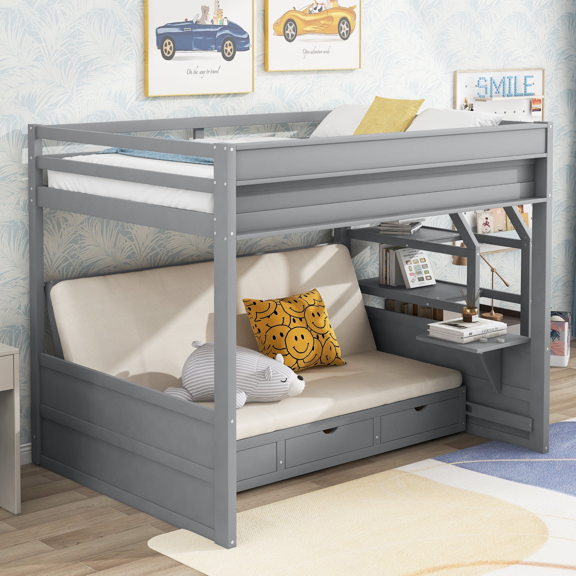 Euroco Wood Full Bunk Bed or Full over Futon with Shelf and Drawers for Kids Teens, Divided into 2 Single Beds