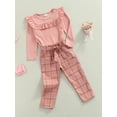 thumbnail image 3 of Qiylii Baby Girl Clothes Set O-Neck Ruffle Tops Plaid High Waist Bow Pants, 3 of 9
