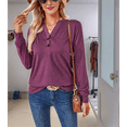 thumbnail image 4 of Women's Solid Color V-Neck Button Down Long Sleeve T-Shirt - Classic Casual Stretch Basic Top, 4 of 9