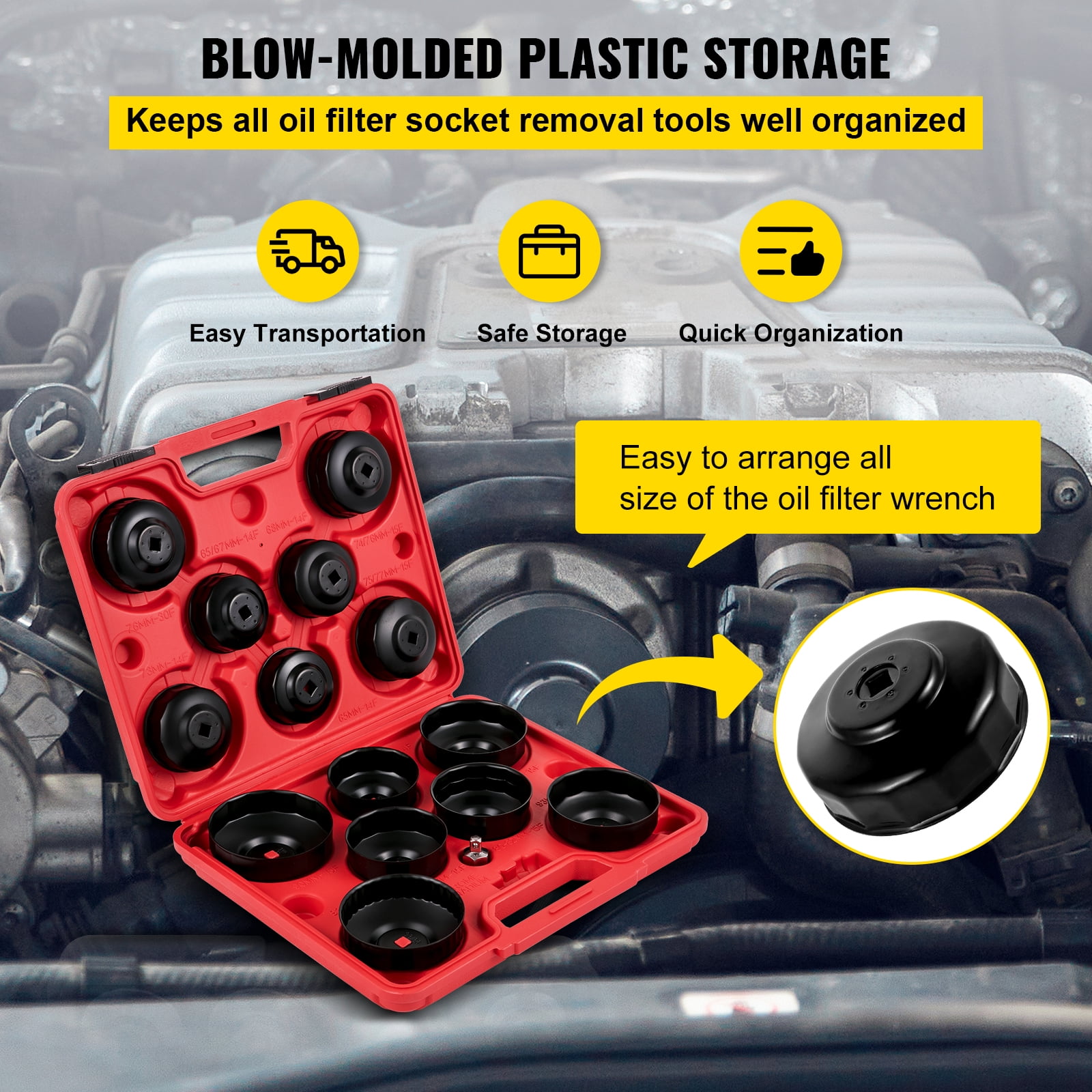 VEVOR Oil Filter Socket Set 14 Pcs Oil Filter Wrench Set, Sturdy Steel Oil Filter Socket 3/8" Oil Filter Socket, Low Profile Oil Filter Socket Set For Easy Access, Oil Filter Wrench Cap Set w/ Case