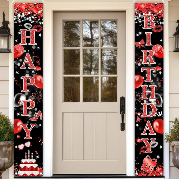Red Happy Birthday Porch Sign Banner Glitter Red Black Birthday Door Banner Decorations Girls Women Birthday Party Decorations