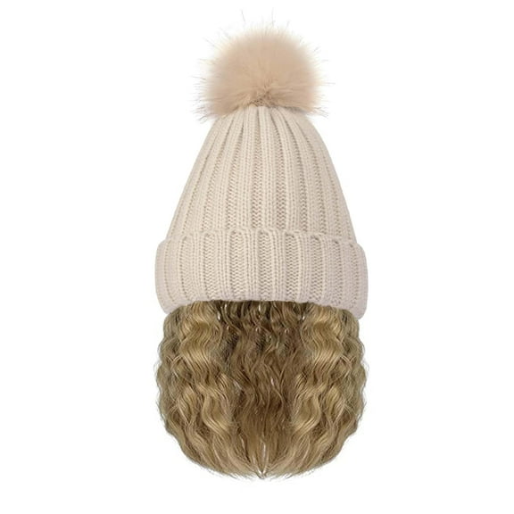 YEKEYI Beanie Wig Hair Extensions Warm Knitted Beanie Hat with Hair Wavy Hair Extension Synthetic Hairpiece for Women