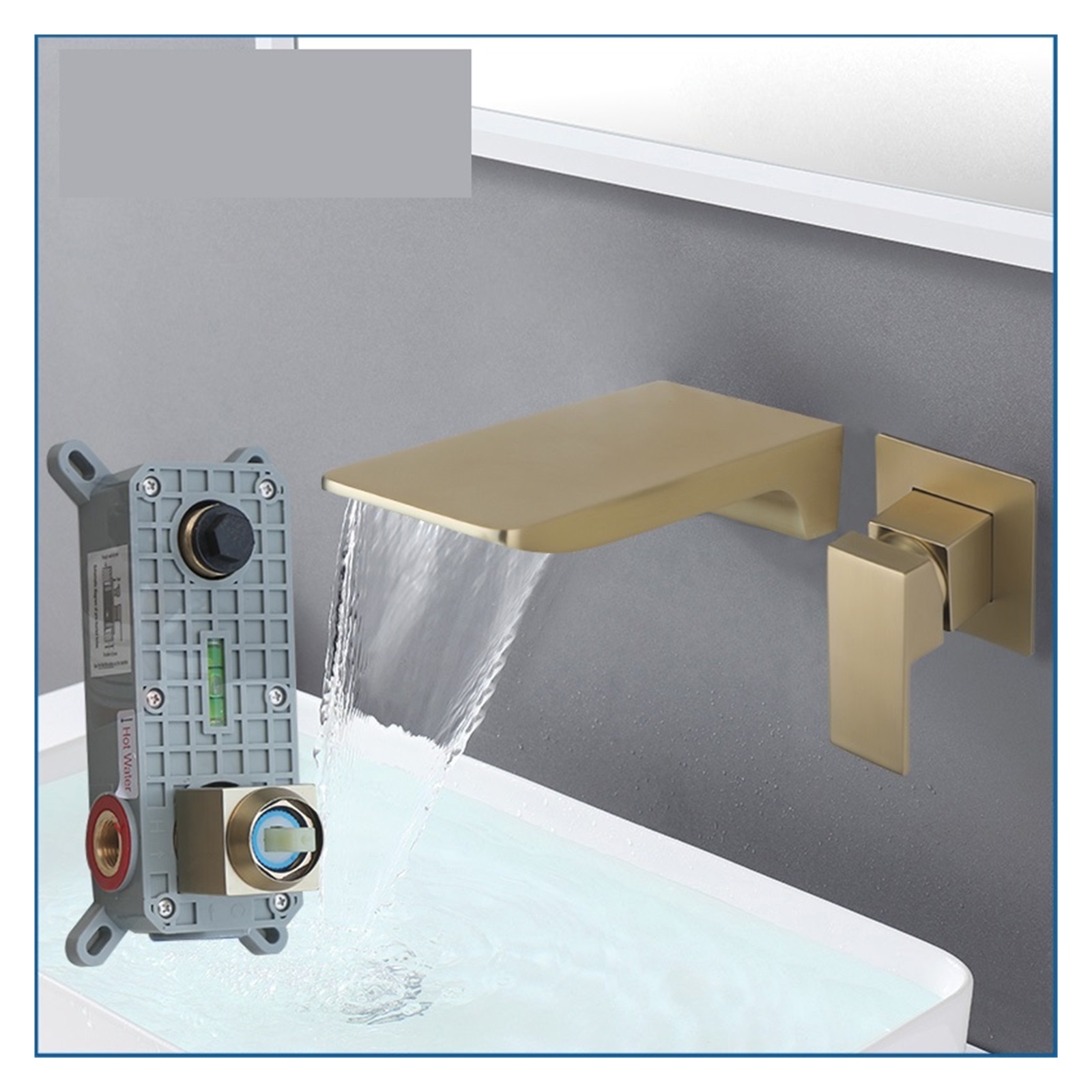 Brushed Gold Bathroom Sink Faucet, Embedded Box Valve Bathtub Waterfall Mixer Tap, Wall Mounted Hot Cold Water Crane