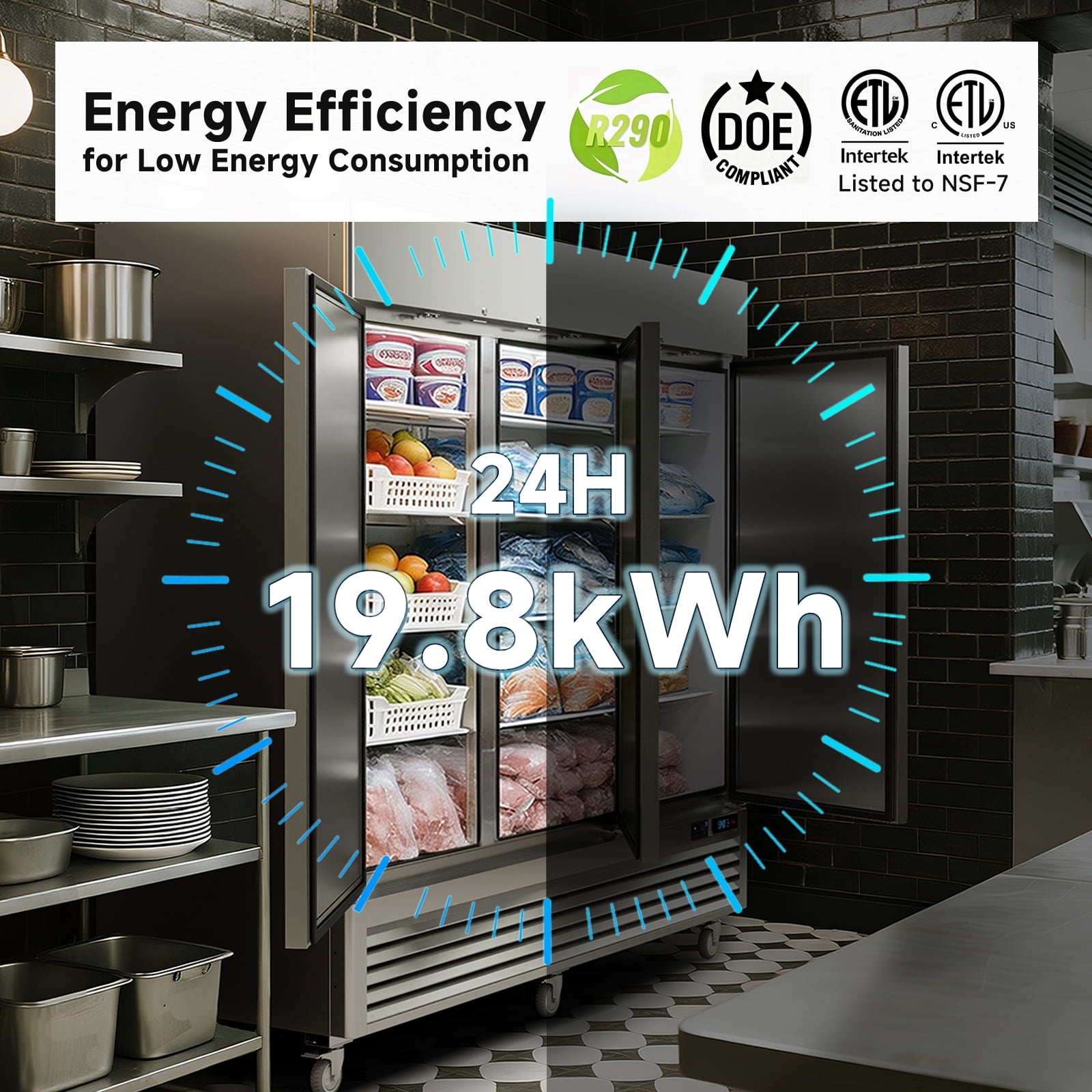 VEECOOL Commercial Upright Freezer WiFi-Enabled with 12 Shelves, 82" Bottom Mounted Solid Door Reach in Freezer, Stainless Steel, Auto Defrost, LED Lighting, Bottom Mounted, ETL&ETL Sanitation