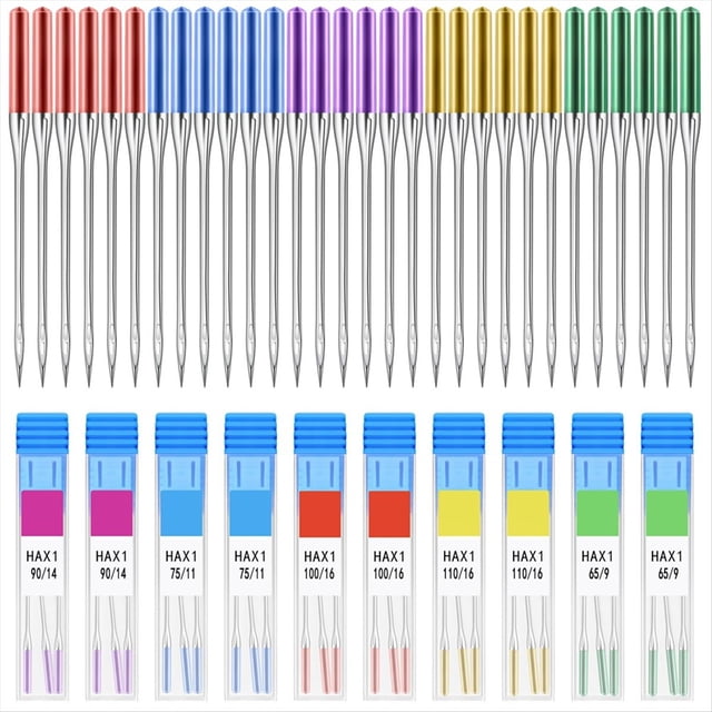 30 Agujas Universales para Máquina de Coser, Tamaños 9, 11, 14, 16 y 18, Colores Brillantes, Punta Regular.