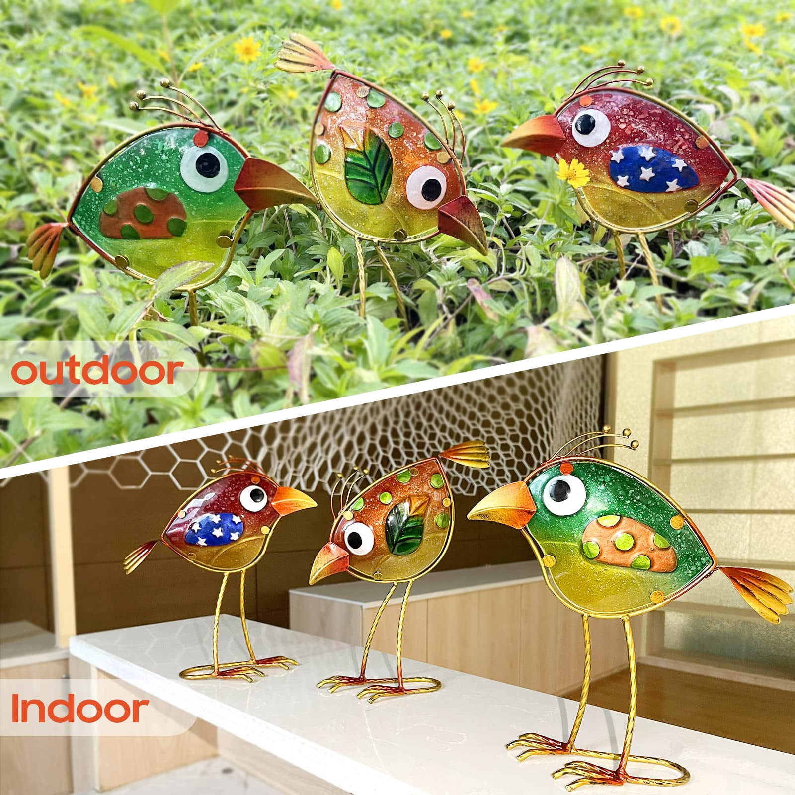 Garden Decor For Outside Funny Metal & Glass Bird Indoor Outdoor Set Of 3 Yard Art Statues Decorations Colorful And Patriotic