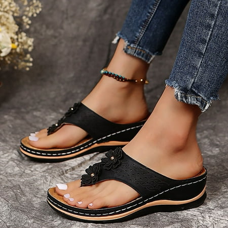 

uikmnh Women Shoes Women Summer Roman Comfy Sandals Flat Bottomed Slip On Clip Toe Flip Flops Slider T Strap Sandals With Arch Support Open Black 7.5