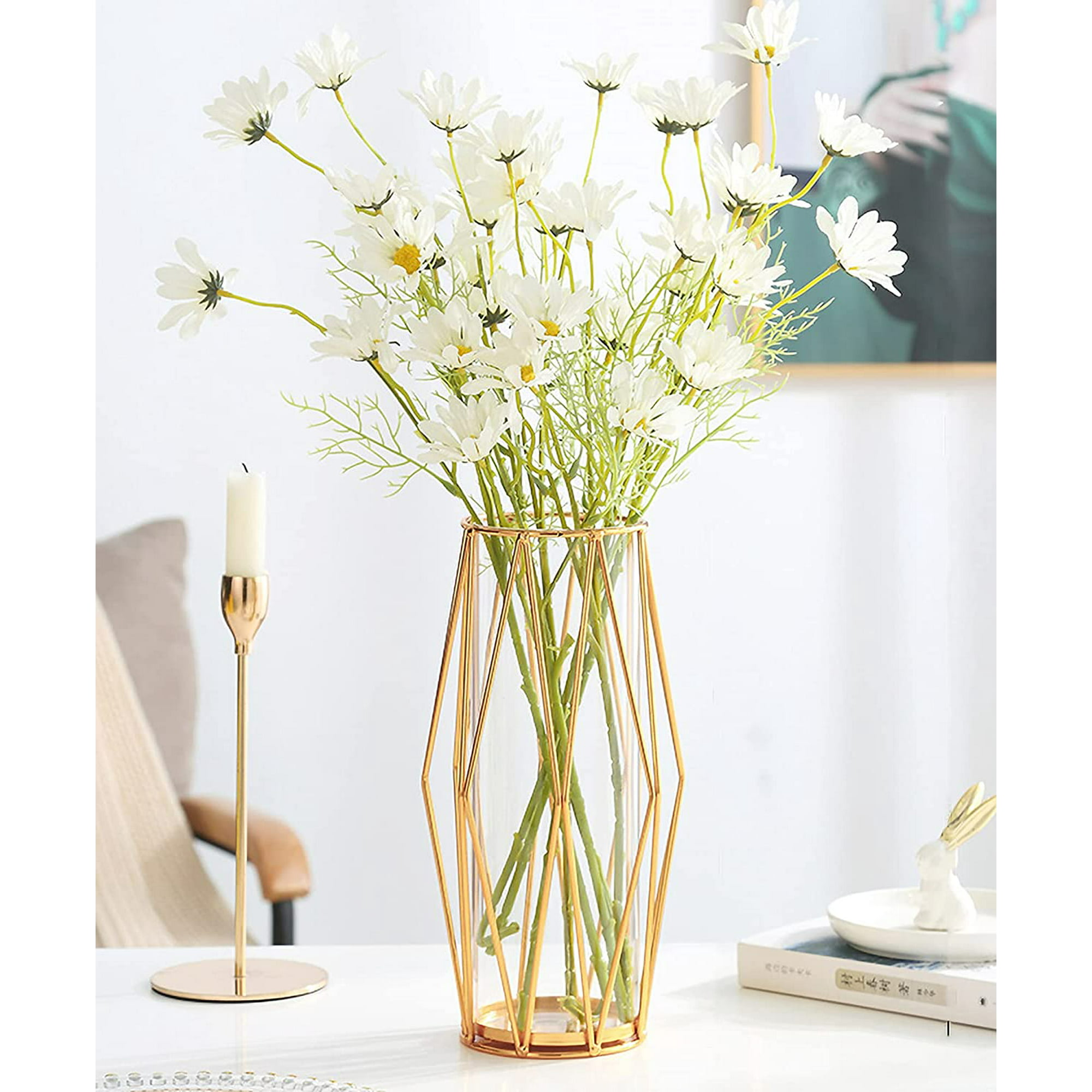 Gold Flower Vase Decorations for Living Room Glass Vase with Metal ...