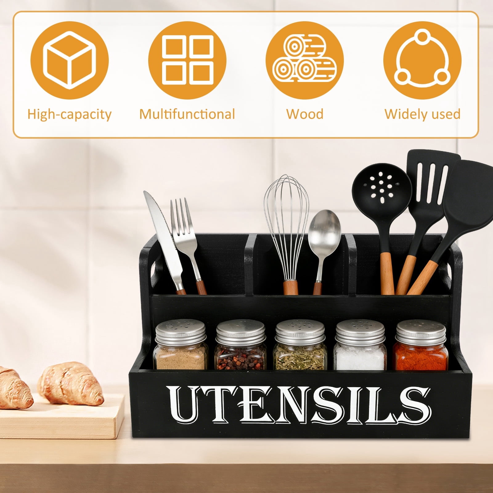 FUYGRCJ Extra Large Kitchen Utensils Holder with 4 Compartments, 2 Layers Wooden Utensil Organizer, Farmhouse Cooking Spatula Storage Caddy for Kitchen Countertop, Flatware Spoon Tool Organizer