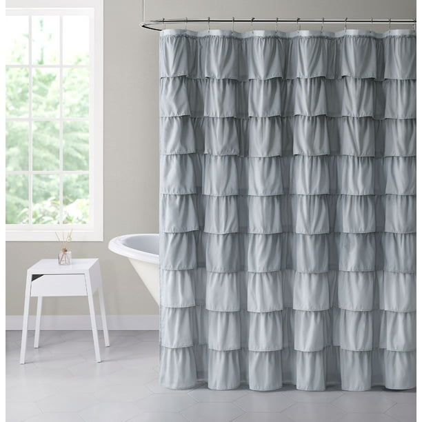 Shabby Ruffled Fabric Shower Curtain Gray
