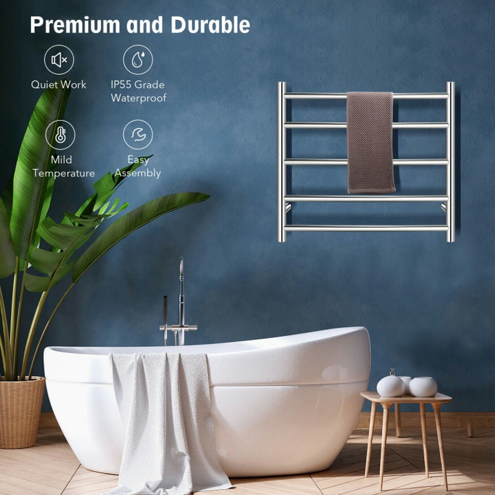Finihen Wall Mounted Towel Rack, Electric Heated Towel Rack, Electric Heated Towel Warmer Wall Mount Drying Rack 304 Stainless Steel, for Bathroom, laundry Room, Silver